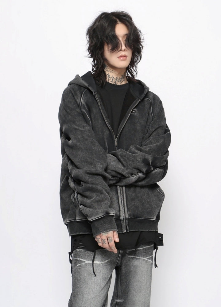 【Mz】Grunge washed dark color initial hoodie  MZ0058