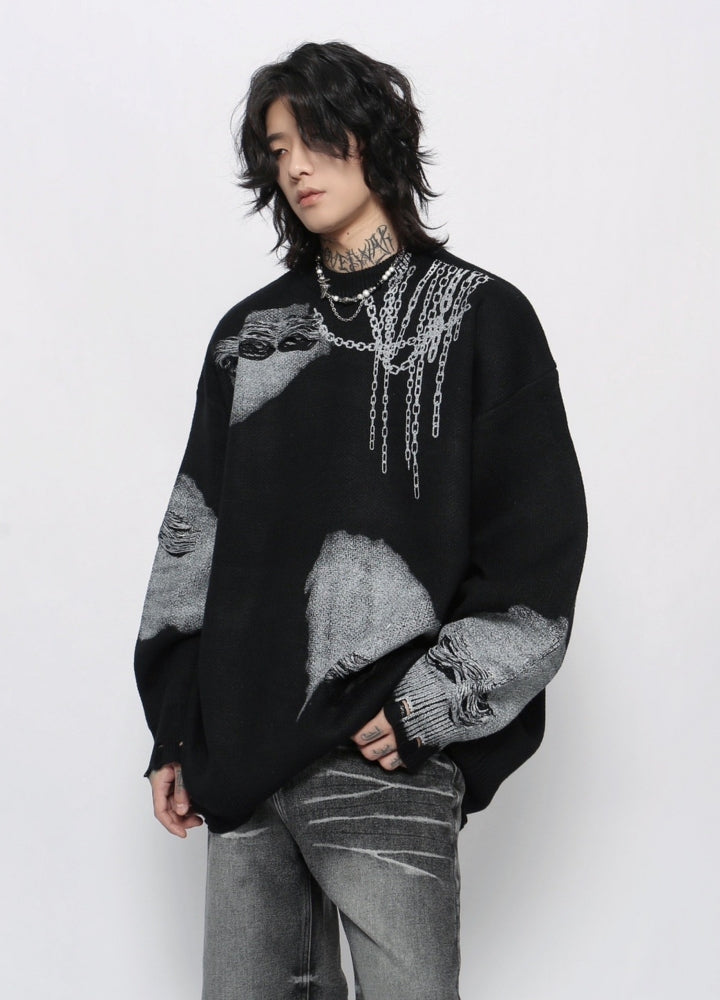 【Mz】Dark chain side design distressed knit sweater  MZ0052