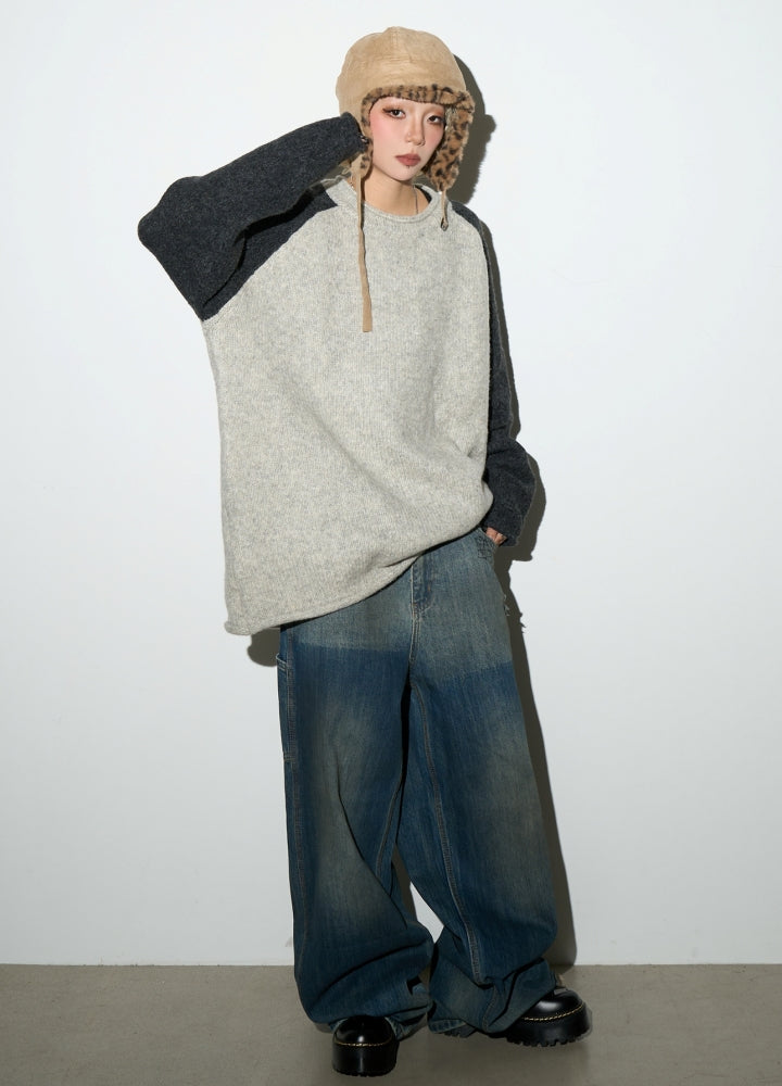 【MICHINNYON】Double base color dull wide silhouette denim pants  MY0027