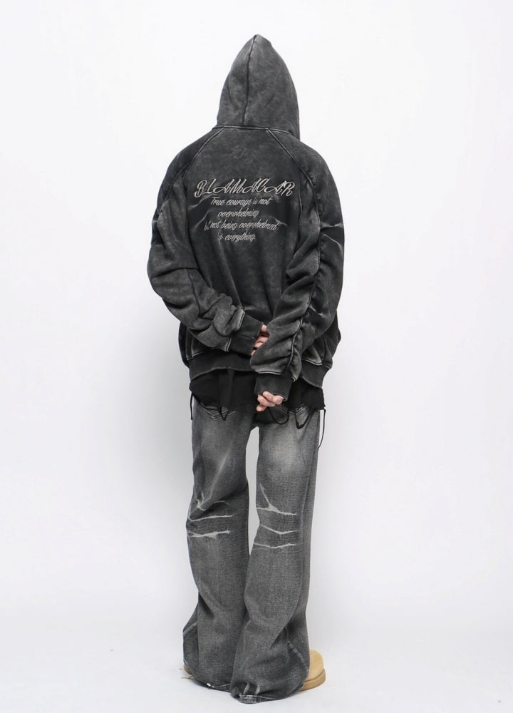 【Mz】Grunge washed dark color initial hoodie  MZ0058