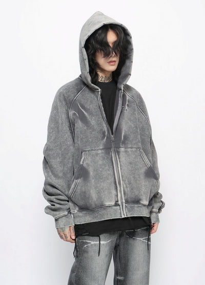 【Mz】Grunge washed dark color initial hoodie  MZ0058