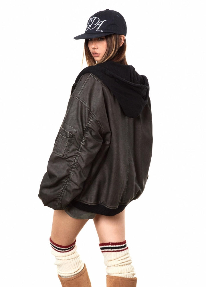 【BLACK BB】Wide silhouette vintage base hooded jacket  BK0071