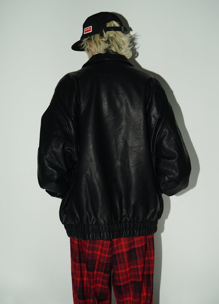 【MICHINNYON】High neck silhouette basic style synthetic leather jacket  MY0035