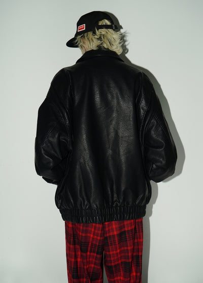 【MICHINNYON】High neck silhouette basic style synthetic leather jacket  MY0035