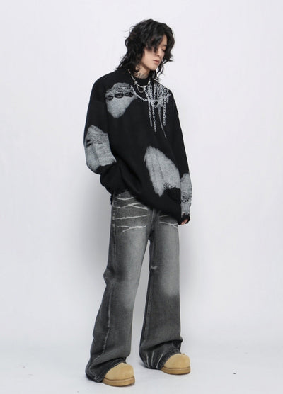 【Mz】Dark chain side design distressed knit sweater  MZ0052