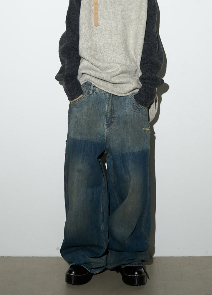 【MICHINNYON】Double base color dull wide silhouette denim pants  MY0027