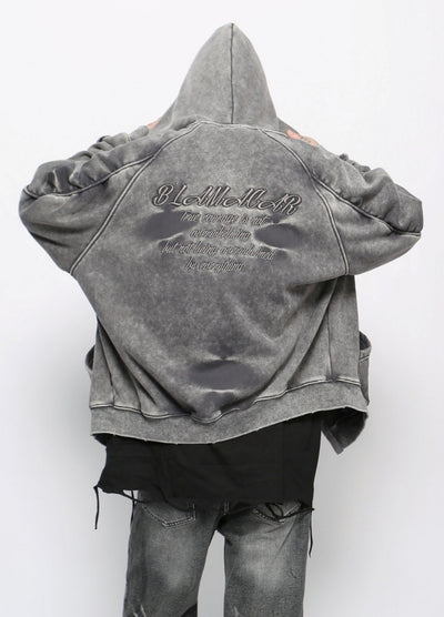 【Mz】Grunge washed dark color initial hoodie  MZ0058