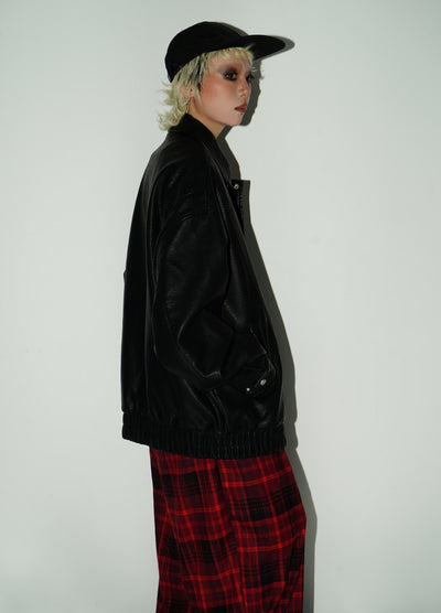 【MICHINNYON】High neck silhouette basic style synthetic leather jacket  MY0035