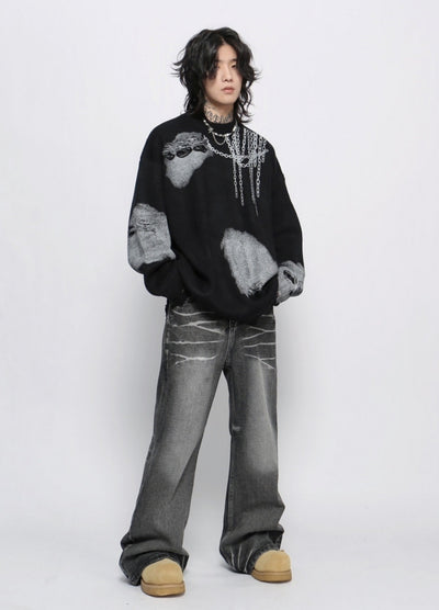 【Mz】Dark chain side design distressed knit sweater  MZ0052