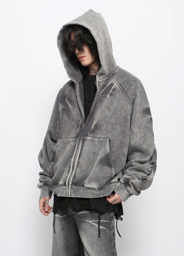 【Mz】Grunge washed dark color initial hoodie  MZ0058