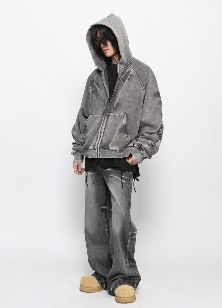 【Mz】Grunge washed dark color initial hoodie  MZ0058