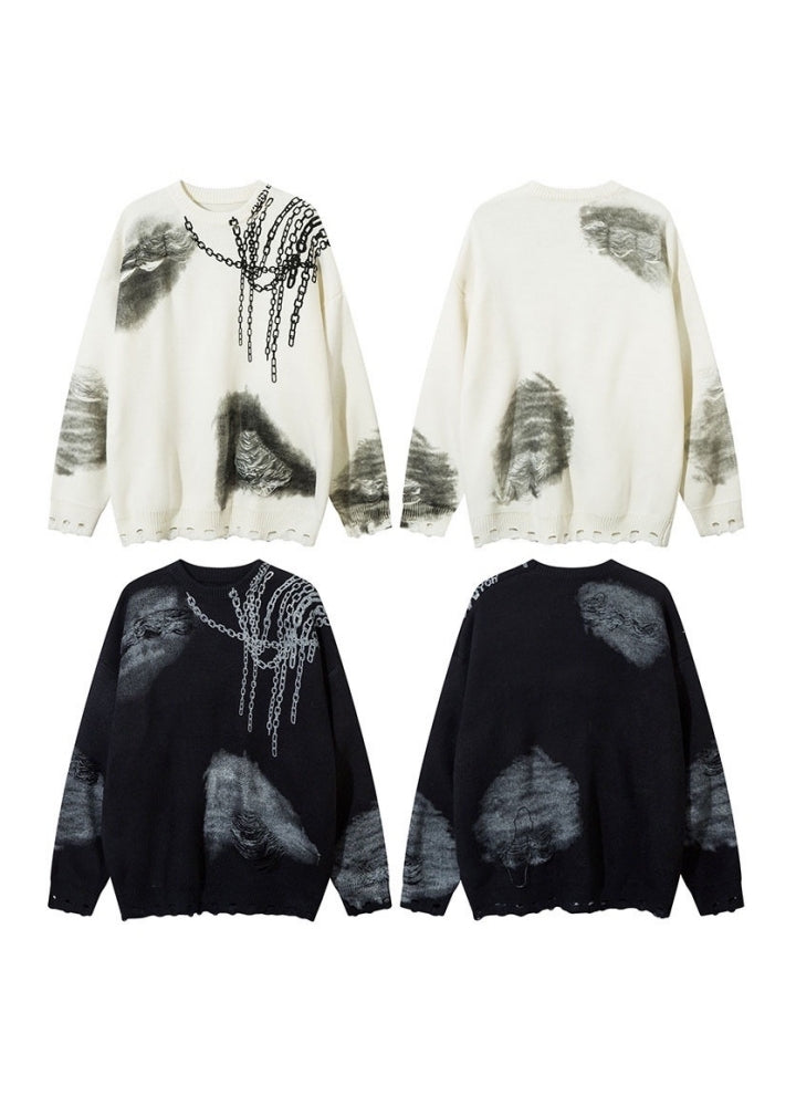 【Mz】Dark chain side design distressed knit sweater  MZ0052