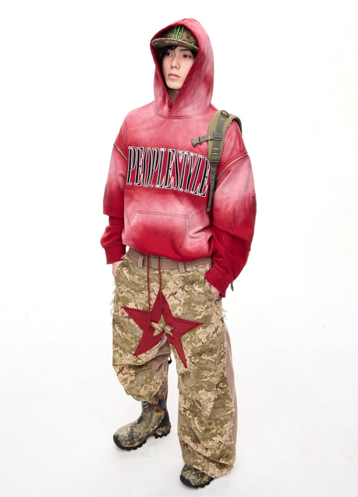 【People Style】Vivid red random wash color wide design hoodie  PS0057