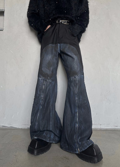 【MARTHENAUT】Leather and denim gimmick style high flare wide pants  MH0067