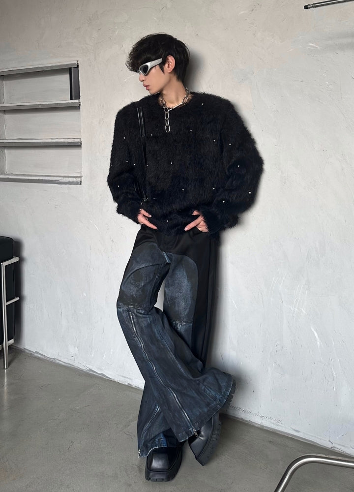 【MARTHENAUT】Leather and denim gimmick style high flare wide pants  MH0067