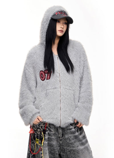 【People Style】Knitted fabric casual design full zip mohair hoodie  PS0055