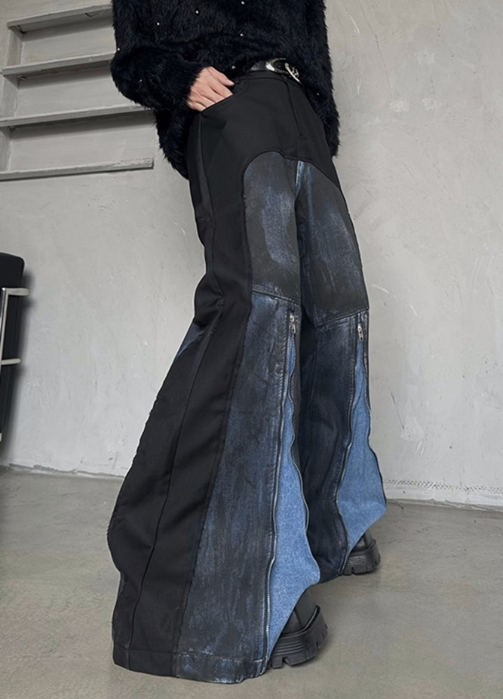 【MARTHENAUT】Leather and denim gimmick style high flare wide pants  MH0067