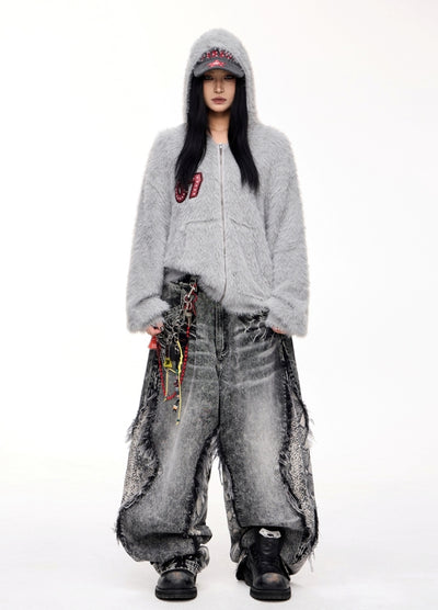 【People Style】Knitted fabric casual design full zip mohair hoodie  PS0055