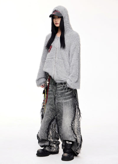 【People Style】Knitted fabric casual design full zip mohair hoodie  PS0055