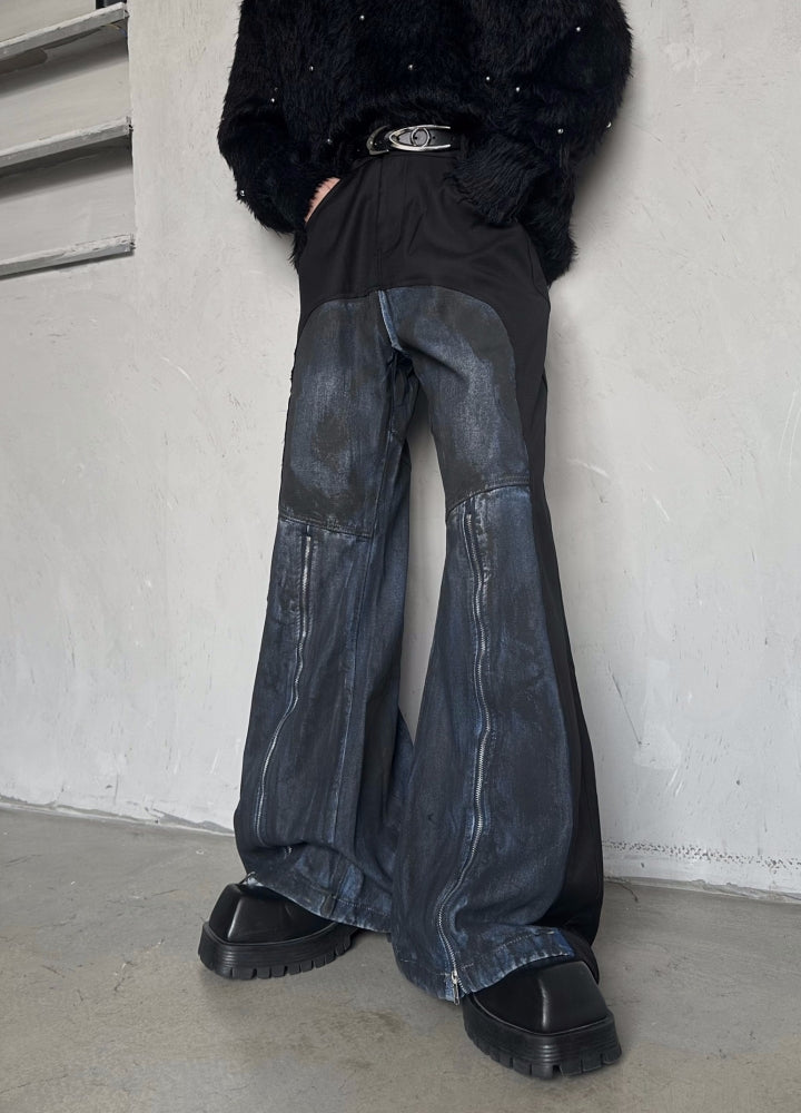 【MARTHENAUT】Leather and denim gimmick style high flare wide pants  MH0067