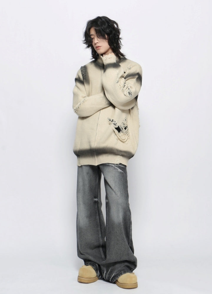 【Mz】High neck mid-wash distressed full zip knit sweater  MZ0056