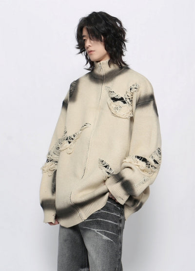 【Mz】High neck mid-wash distressed full zip knit sweater  MZ0056