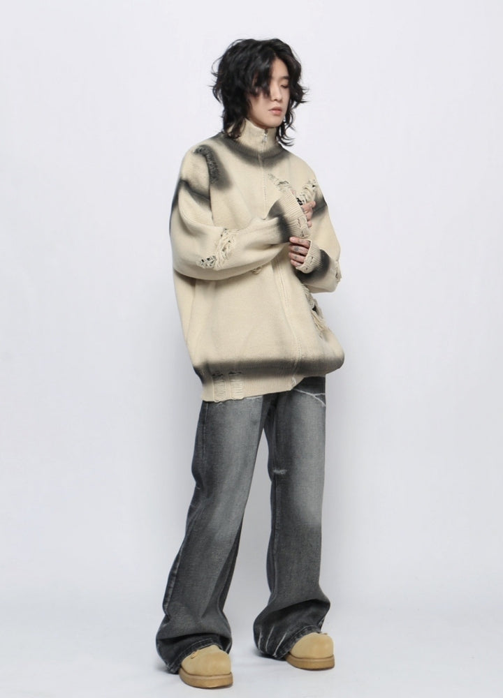 【Mz】High neck mid-wash distressed full zip knit sweater  MZ0056