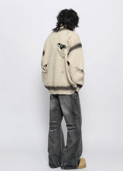 【Mz】High neck mid-wash distressed full zip knit sweater  MZ0056