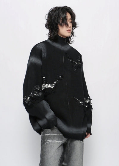 【Mz】High neck mid-wash distressed full zip knit sweater  MZ0056