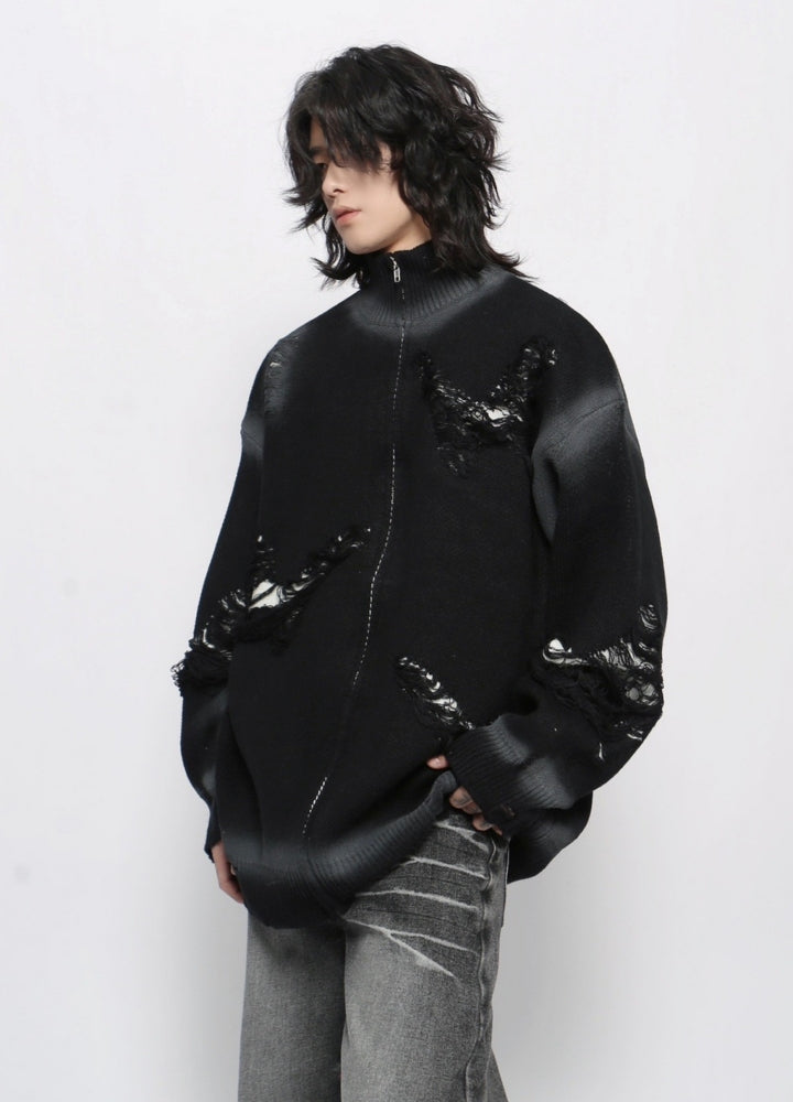 【Mz】High neck mid-wash distressed full zip knit sweater  MZ0056