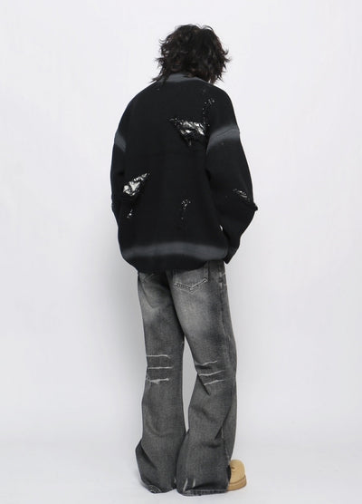 【Mz】High neck mid-wash distressed full zip knit sweater  MZ0056