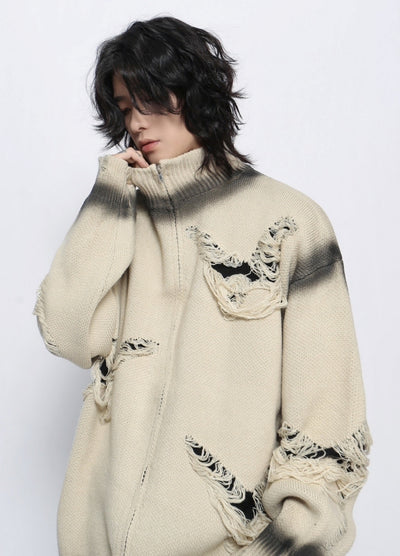 【Mz】High neck mid-wash distressed full zip knit sweater  MZ0056