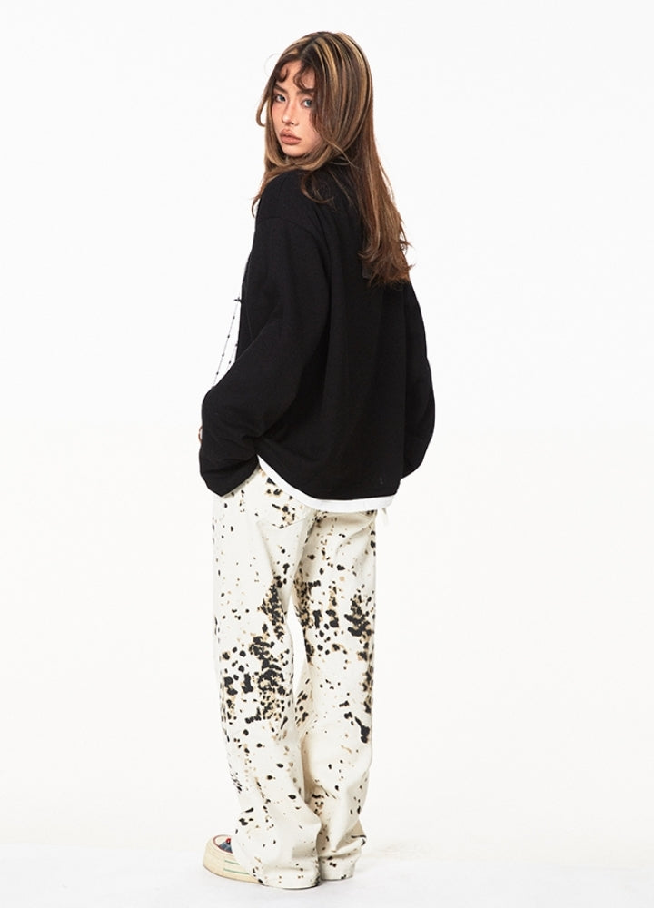 【BLACK BB】Neck slash front star pattern design long sleeve T-shirt  BK0062