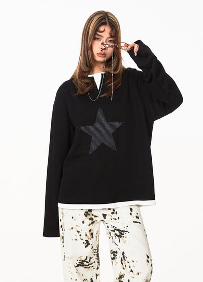 【BLACK BB】Neck slash front star pattern design long sleeve T-shirt  BK0062