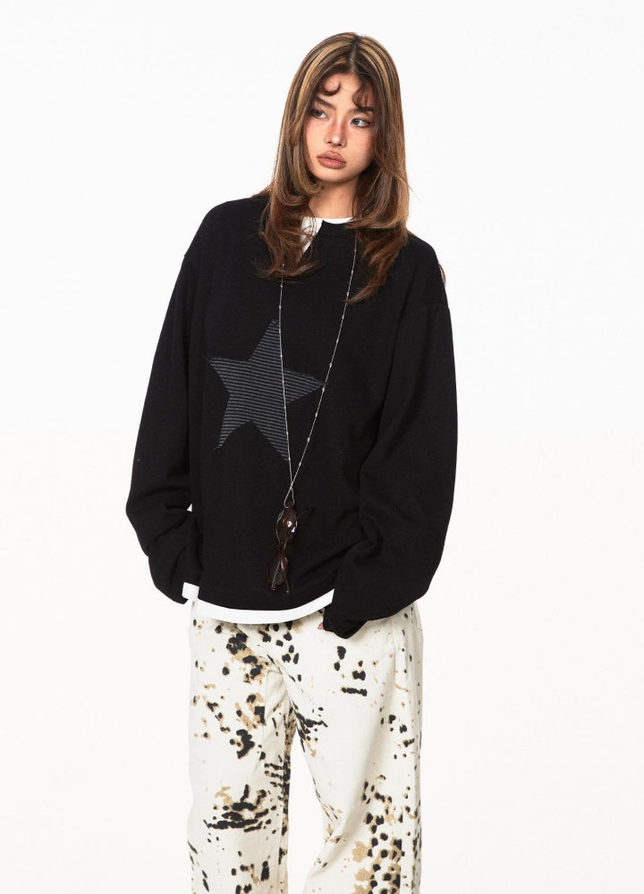 【BLACK BB】Neck slash front star pattern design long sleeve T-shirt  BK0062