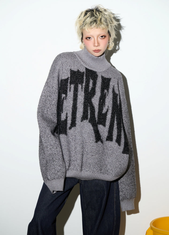 【MICHINNYON】Front initial design high neck silhouette knit sweater  MY0029