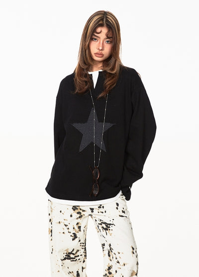 【BLACK BB】Neck slash front star pattern design long sleeve T-shirt  BK0062