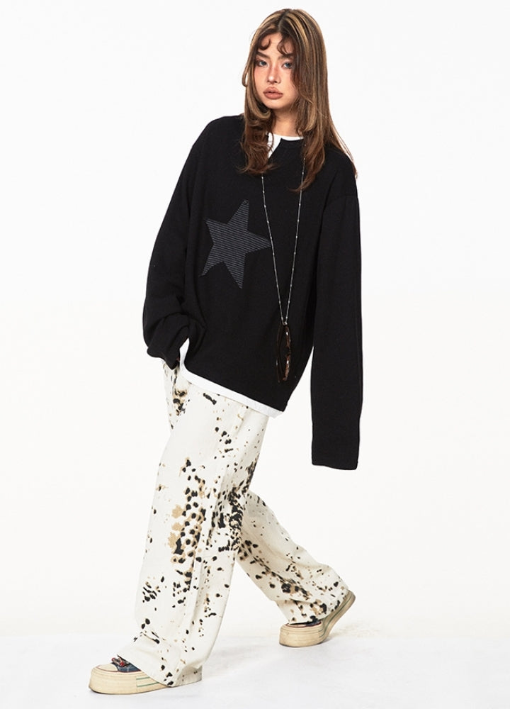 【BLACK BB】Neck slash front star pattern design long sleeve T-shirt  BK0062