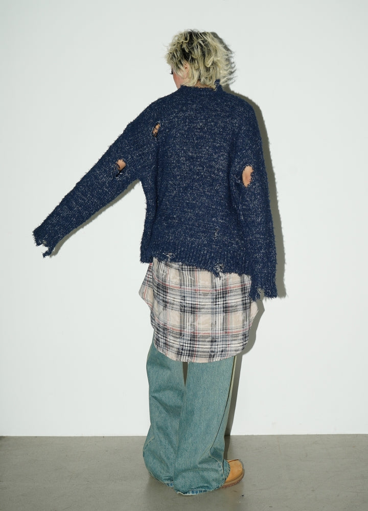 【MICHINNYON】Mid-distressed simple color multi-knit sweater  MY0033