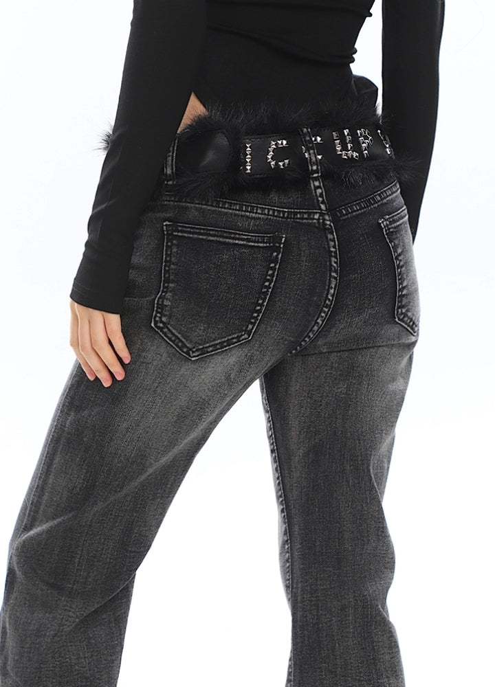 【UNCMHISEX】Basic flare silhouette washed waist belt set denim pants  UX0040