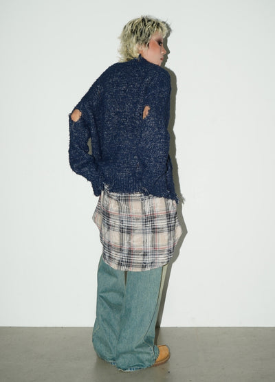 【MICHINNYON】Mid-distressed simple color multi-knit sweater  MY0033