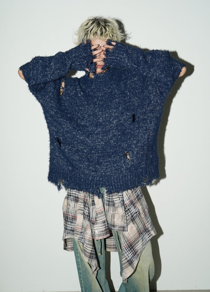 【MICHINNYON】Mid-distressed simple color multi-knit sweater  MY0033