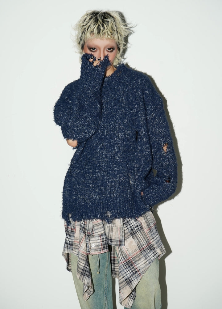 【MICHINNYON】Mid-distressed simple color multi-knit sweater  MY0033