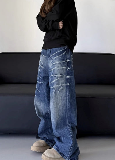 【W3】Crack Thunder Design Wide Silhouette Denim Pants  WO0098