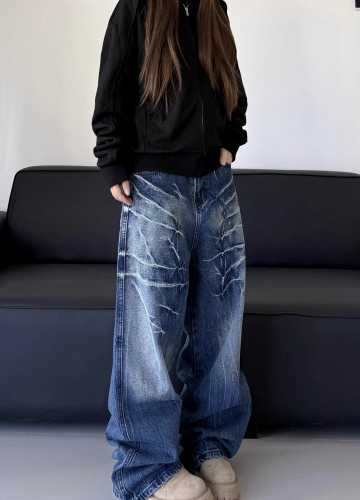 【W3】Crack Thunder Design Wide Silhouette Denim Pants  WO0098