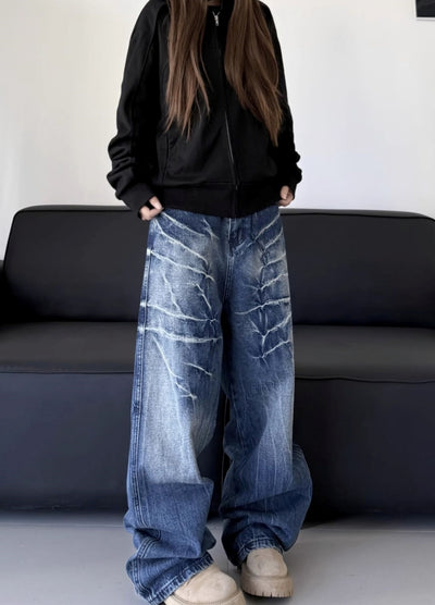 【W3】Crack Thunder Design Wide Silhouette Denim Pants  WO0098