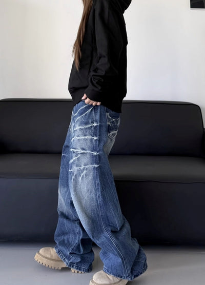 【W3】Crack Thunder Design Wide Silhouette Denim Pants  WO0098