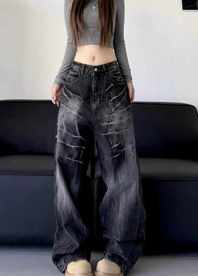 【W3】Crack Thunder Design Wide Silhouette Denim Pants  WO0098