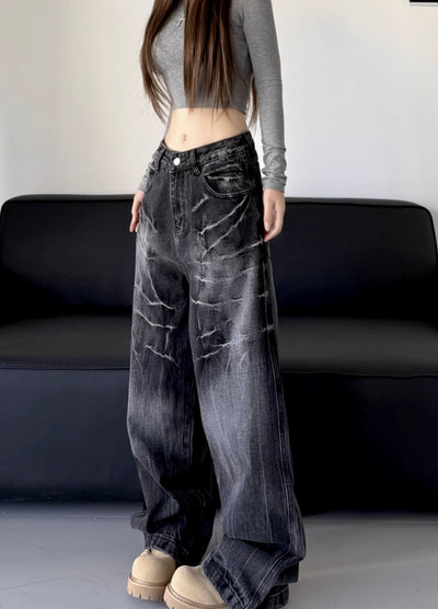 【W3】Crack Thunder Design Wide Silhouette Denim Pants  WO0098