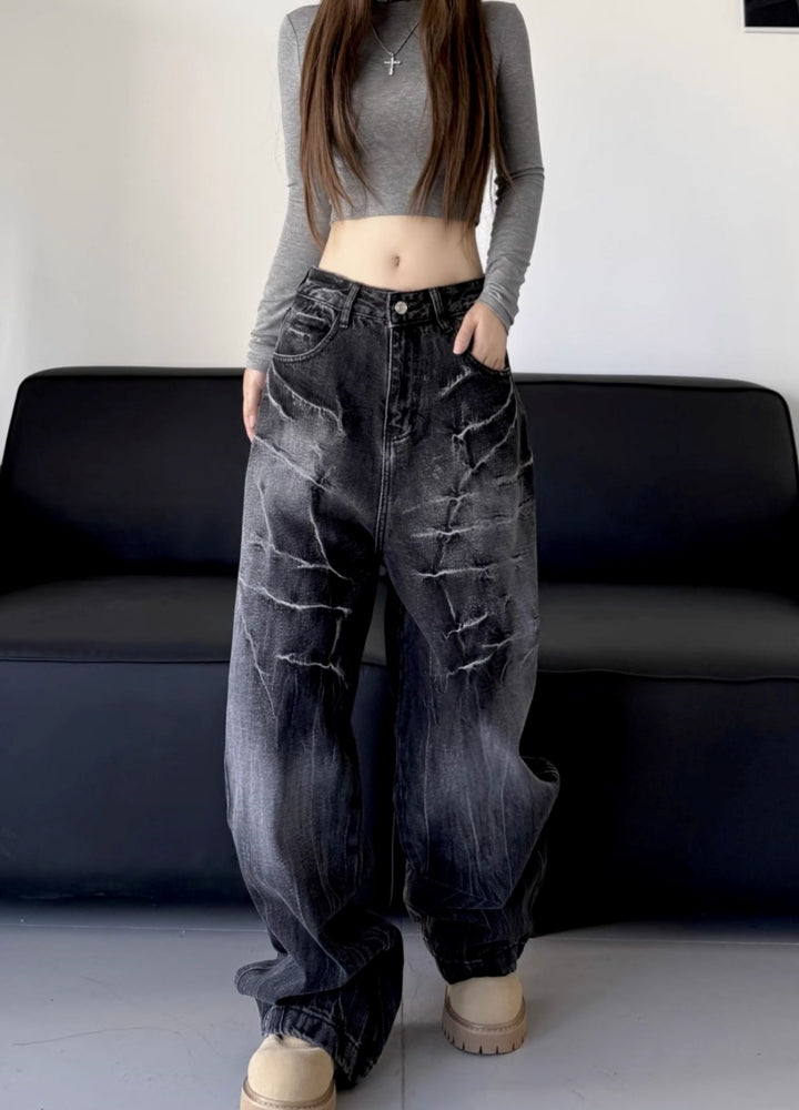 【W3】Crack Thunder Design Wide Silhouette Denim Pants  WO0098